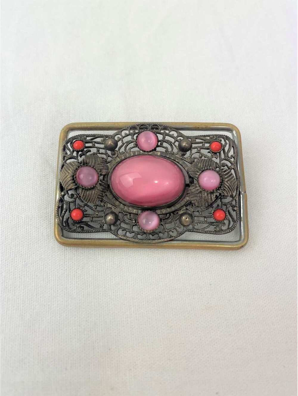 Antique Rectangular Filigree Brooch with Pink Cabochons